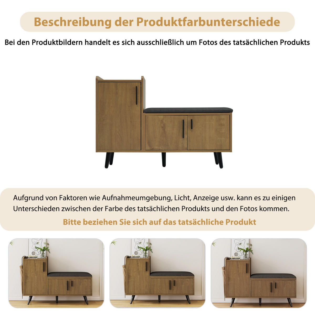 SCHUHKOMMODE Walnuss mit Sitzkissen, Stauraum und 3 Türen, Schuhkipper für Flur - Braun, Holz (100/68/34cm) - PARAFTA HOME