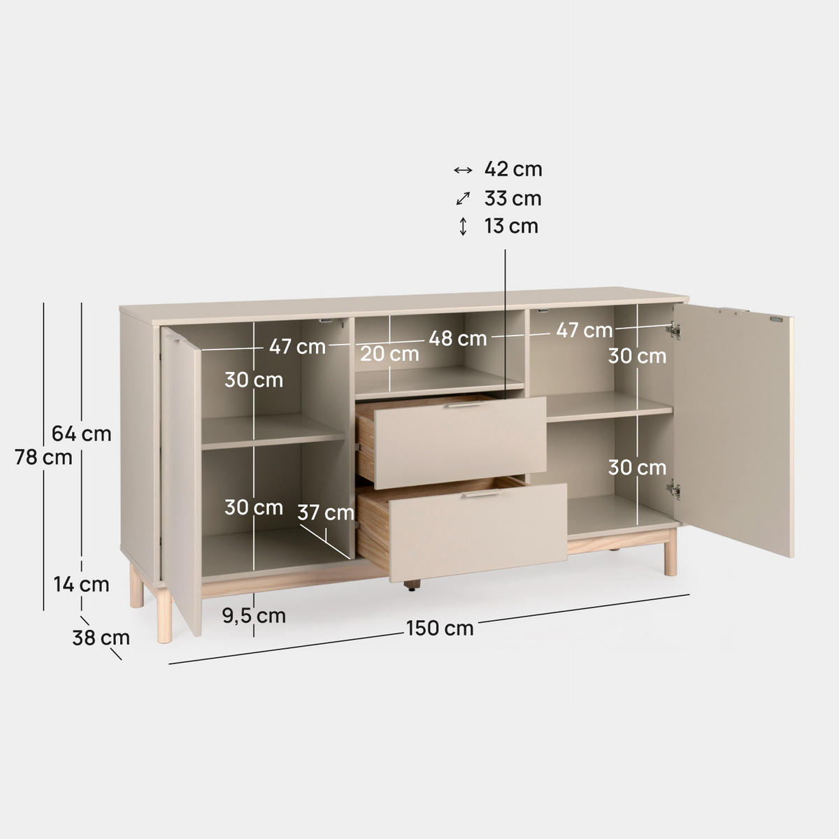 ANRICHTE NIEDRIGE Elian Grau 150 cm x 78 cm - Grau, Holzwerkstoff (150/78/38cm) - Klast Home