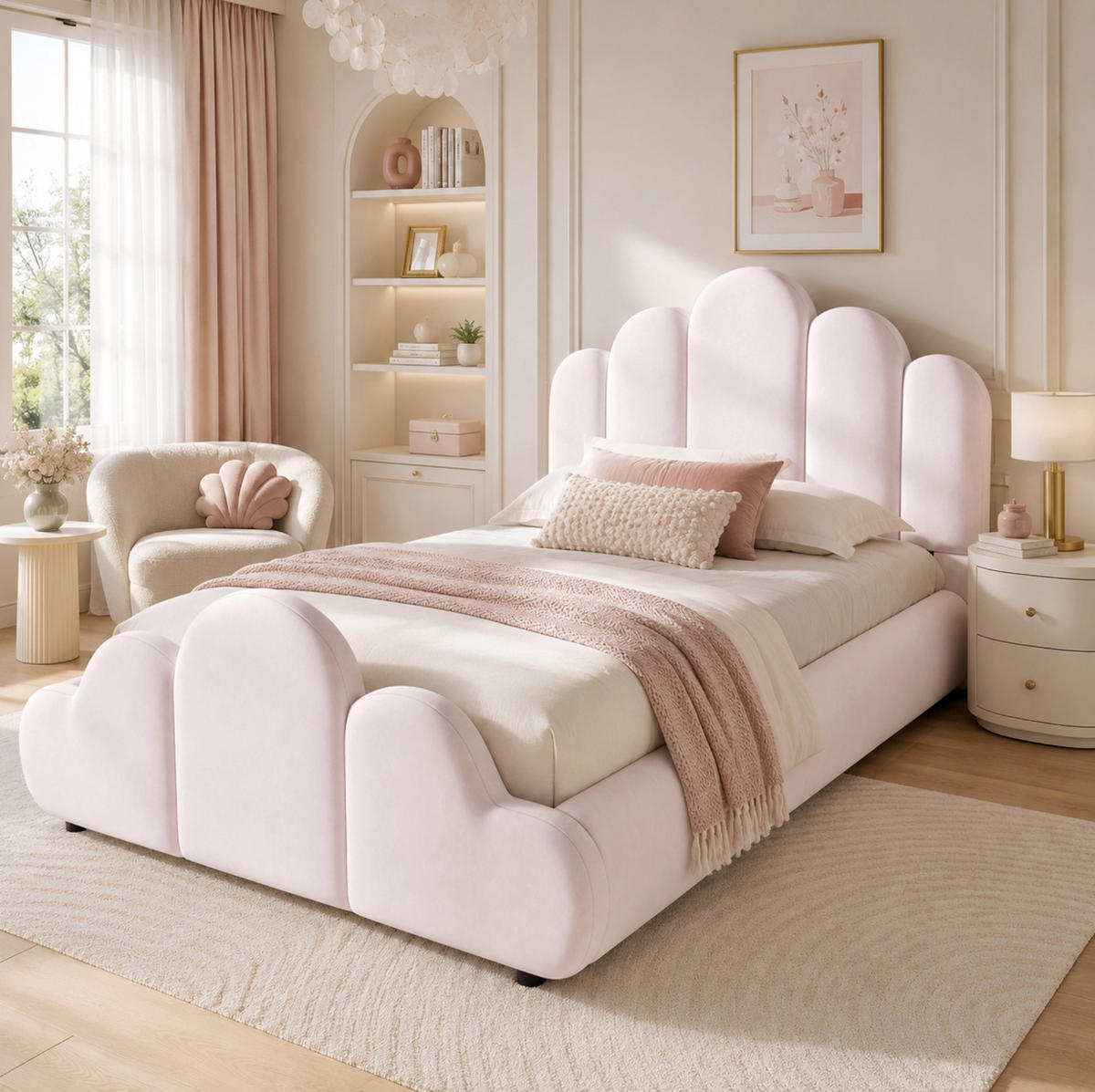BETT 90/200 cm in Rosa aus Samt mit gepolstertem Kopfteil - Pink, Textil (90/200cm) - Flora Grace