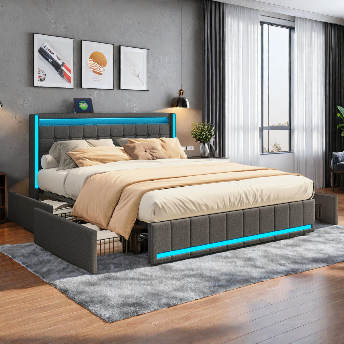 POLSTERBETT 140x190 cm Dunkelgrau Leinen LED USB 4 Schubladen - Grau, Holz (140/200cm) - SHOPENTRA