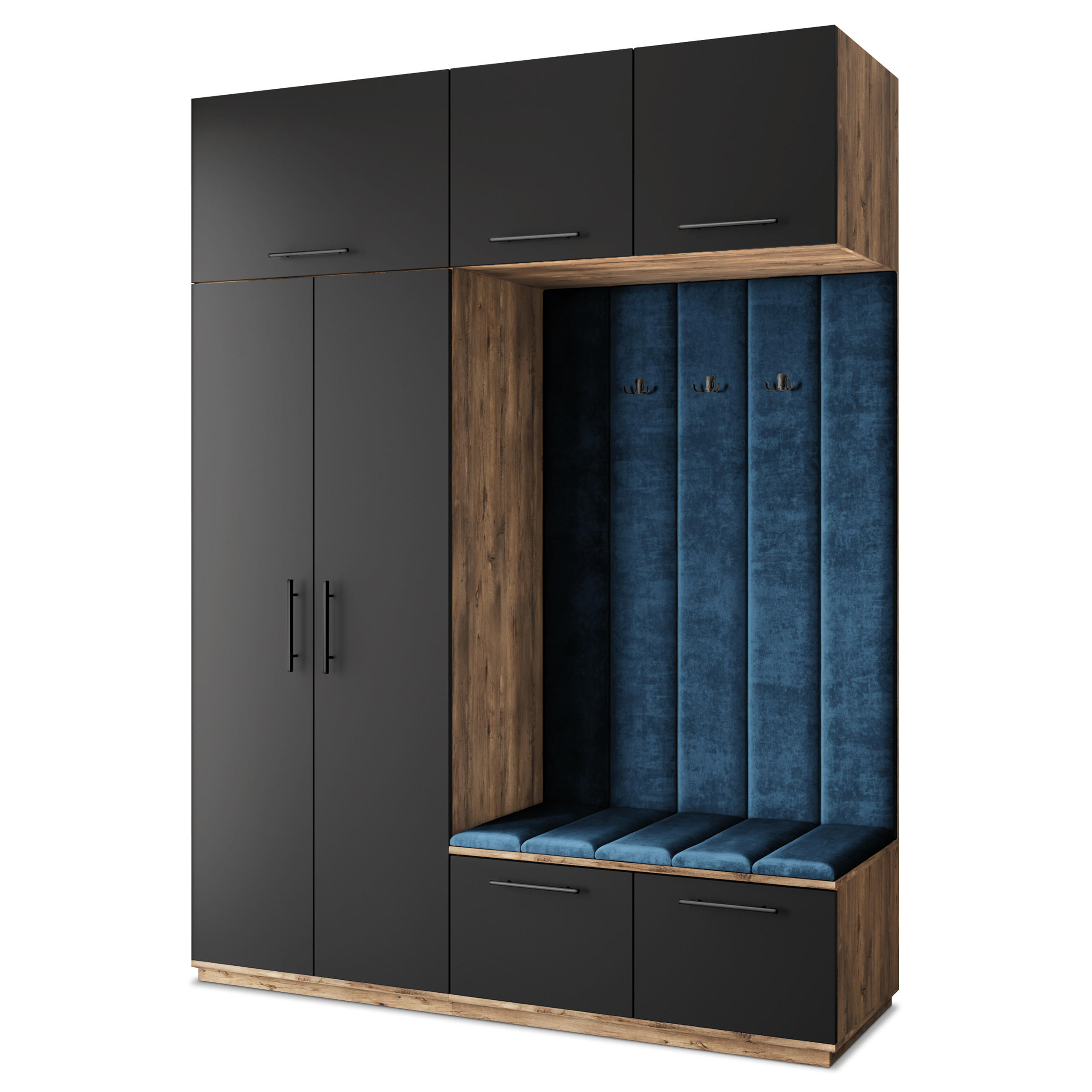Masseno Garderobenschrank Eiche, Schwarz, Blau 180x240x60 cm