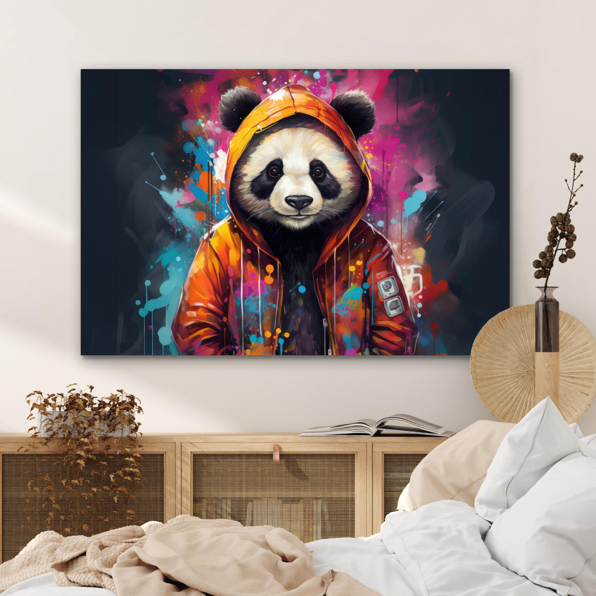 METALLBILD Panda - Jacke - Graffiti - Orange 120x80 cm - Orange, Metall (120/80cm) - MuchoWow