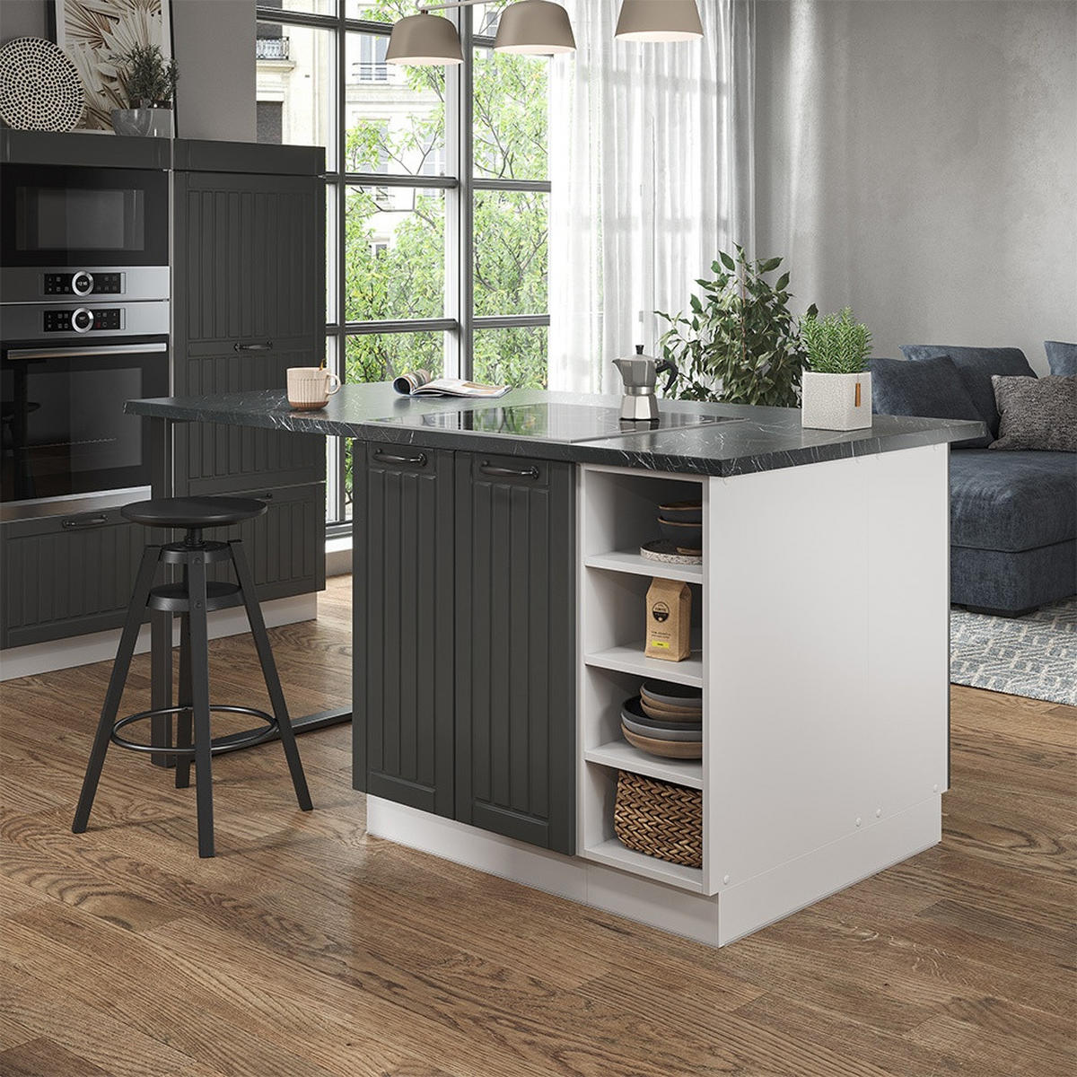 KÜCHENINSEL Fame-Line Anthrazit Landhaus/Weiß 90 cm ohne Arbeitsplatte - Dunkelgrau/Weiß, Holzwerkstoff (90/82/82cm) - Vicco