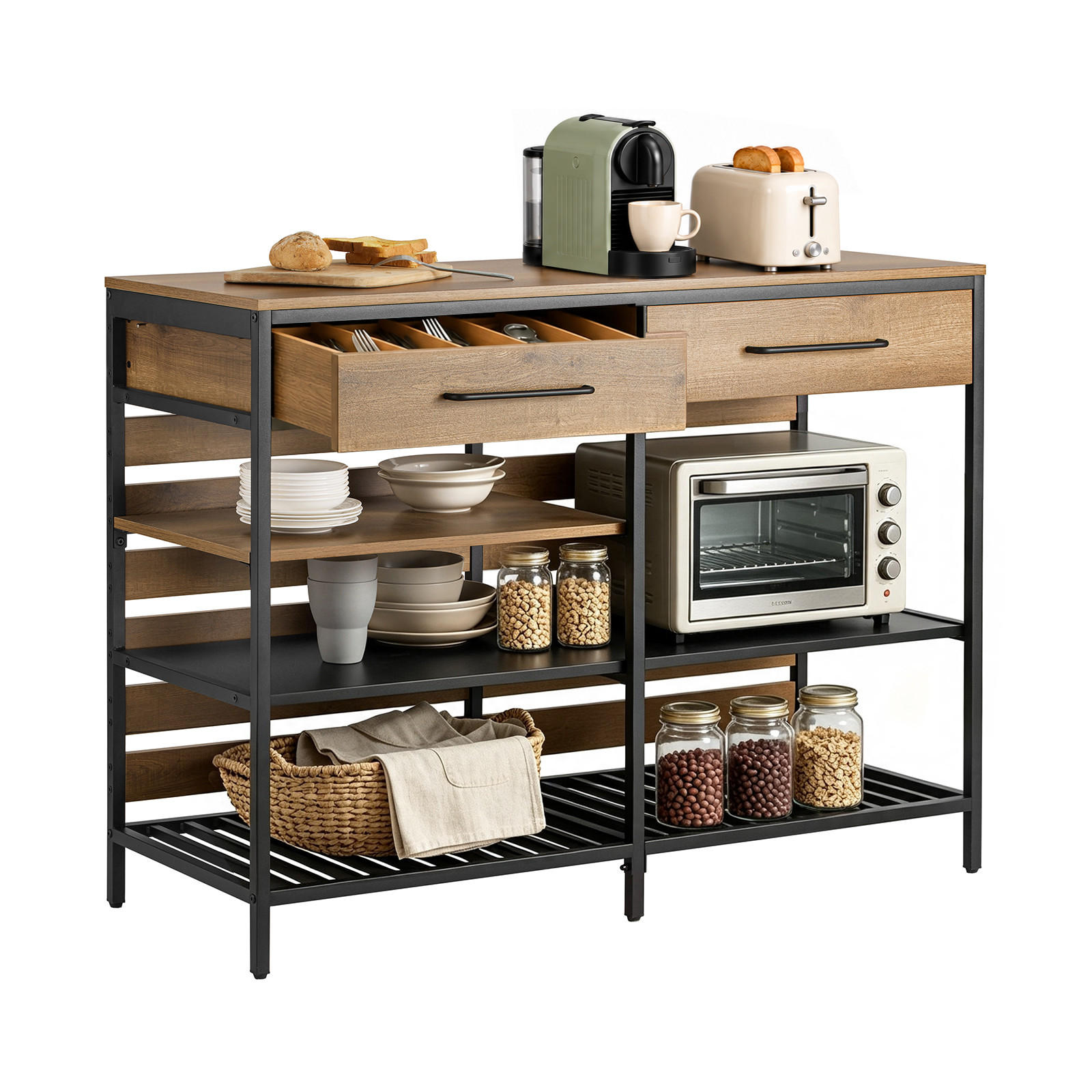 KÜCHENSCHRANK mit 120 cm Arbeitsplatte, 2 Schubladen, 4 offenen Fächern, Vintage Braun, für Küche, Esszimmer und Flur - Braun, Holz/Holzwerkstoff (120/91/45cm) - SoBuy