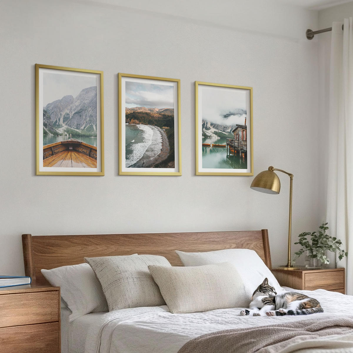 BILDER SET 3er Set - 40x60 cm Goldrahmen - Berge, See, Boot, Strand, Landschaft - Goldfarben, Kunststoff (40/60cm) - TULUP
