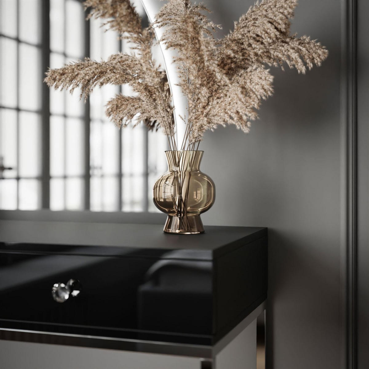 SCHMINKTISCH schwarz QUINNIE GLAMOUR mit LED-Spiegel rechts Griff Kristall - Silberfarben/Schwarz, Holzwerkstoff (100/176/42cm) - Lookway