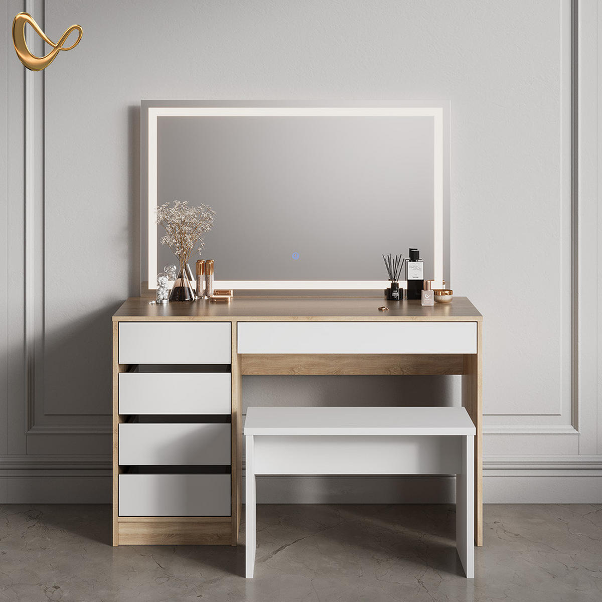 SCHMINKTISCH Imola Weiß/Sonoma mit LED Spiegel und Hocker - Weiß/Sonoma Eiche, Holzwerkstoff (120/75/55cm) - Livinity®