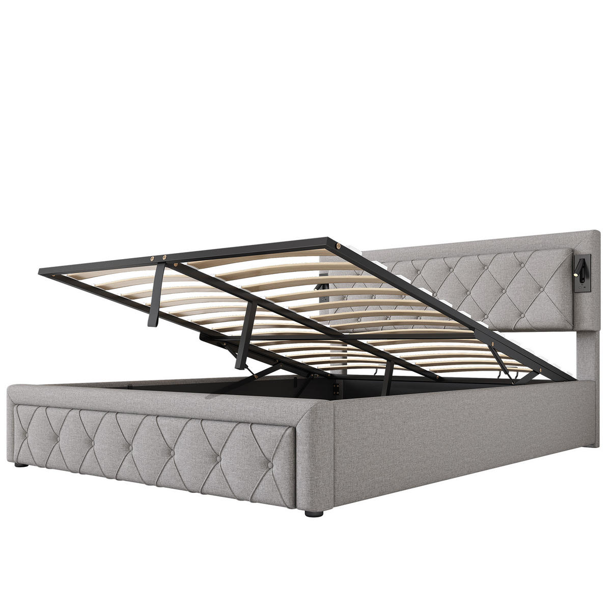 POLSTERBETT aus Leinen 160x200 cm Grau mit USB-Anschluss, Downlight und hydraulischem Bettkasten - Grau, Textil (160/200cm) - Modfu