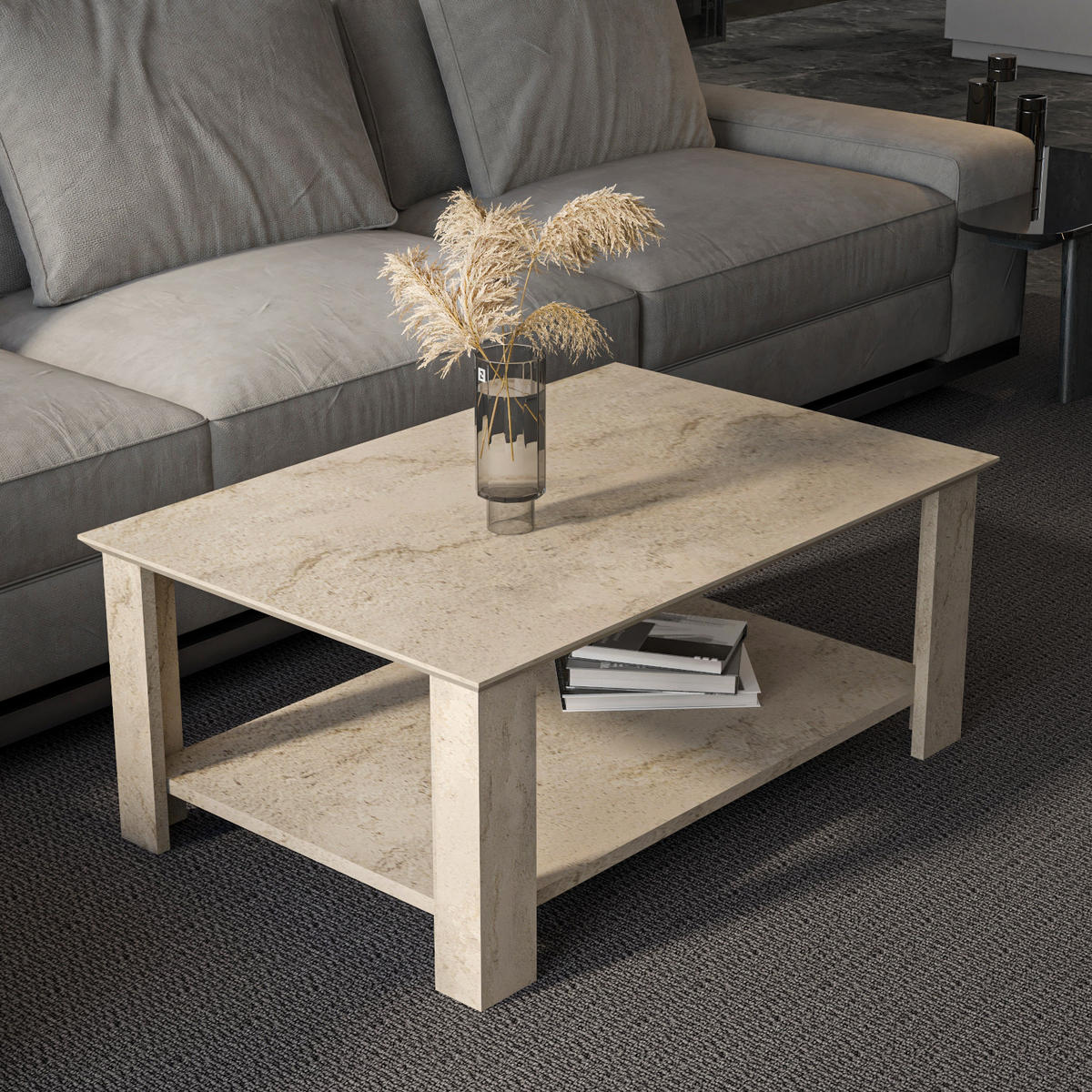 COUCHTISCH Leroy Travertin - Creme, Holzwerkstoff (90/60/37cm) - Decorotika