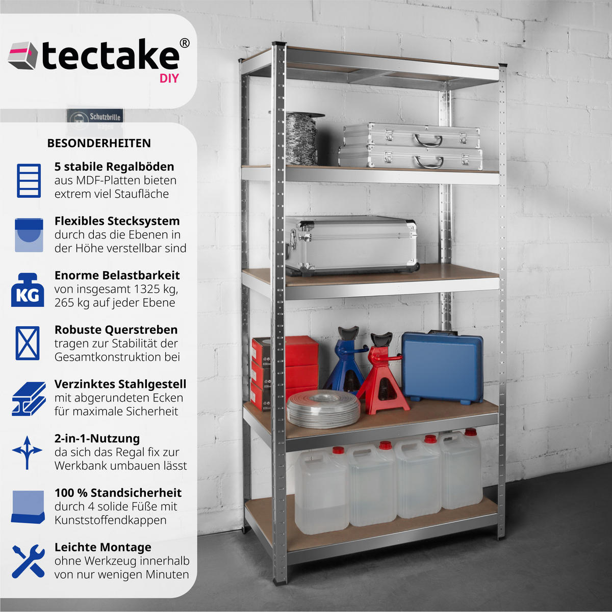 SCHWERLASTREGAL ,schnelle Montage,silber - Silberfarben, Metall (45/180/90cm) - tectake