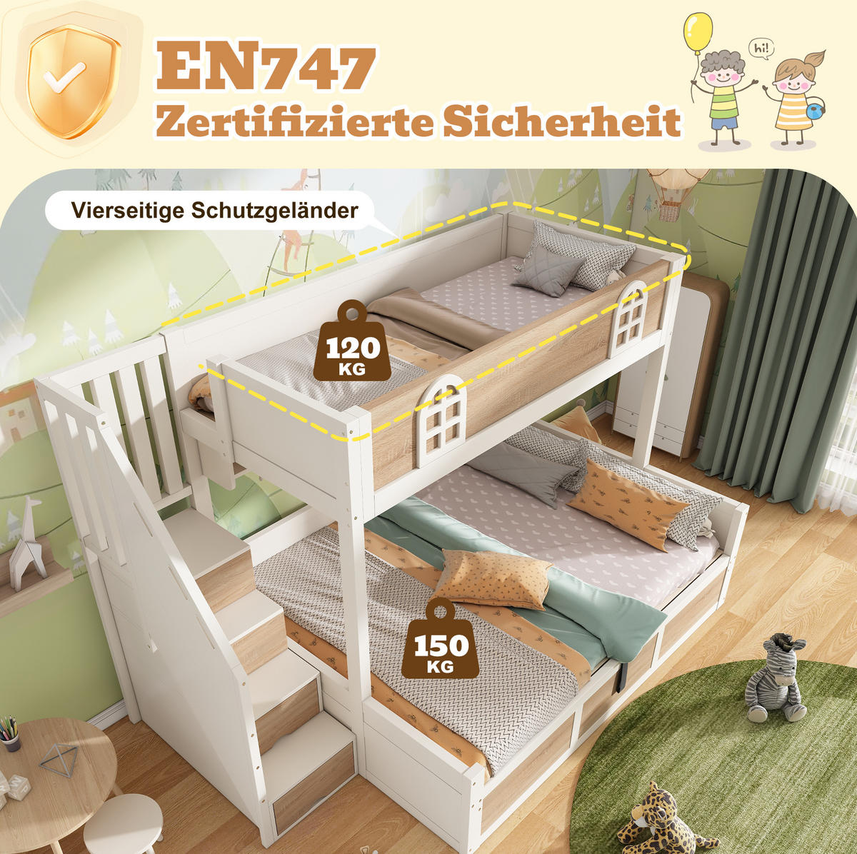 ETAGENBETT Holz 140x200 cm Weiß/Natur mit Treppenschrank, Stauraum und Lattenrosten - Weiß, Holz (140/200cm) - Modfu