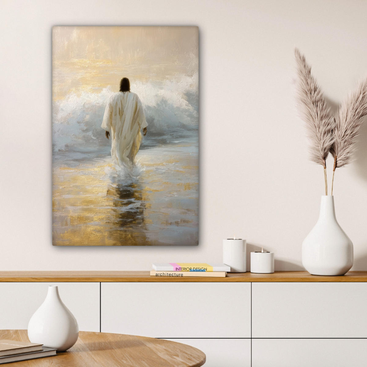 LEINWANDBILD Gemälde - Welle - Jesus - Abstrakt Wanddeko Schlafzimmer 60x90 cm - Goldfarben, Textil (60/90cm) - MuchoWow