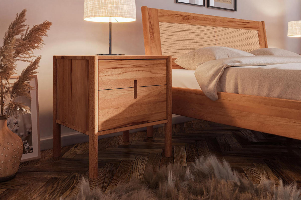 BETT MIT RATTANKOPFTEIL INA 90x220 Kernbuche - Creme, Holz (90/220cm) - byoak
