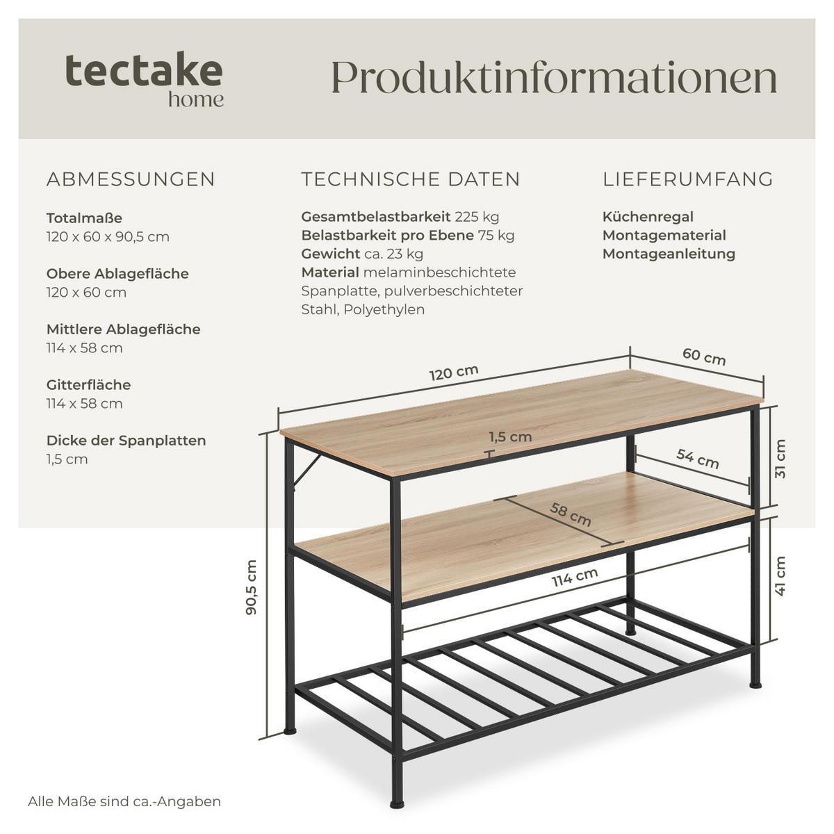 KÜCHENREGAL Akeley, 120 x 60 x 90, 5 cm, Industrial Holz hell, Eiche Sonoma - Naturfarben, Holzwerkstoff (60/90.5/120cm) - tectake