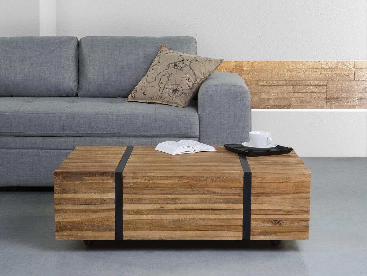 COUCHTISCH Teakholz hellbraun rechteckig 69/110 cm rollbar Gander - Hellbraun/Schwarz, Holz (69/110/37cm) - Beliani