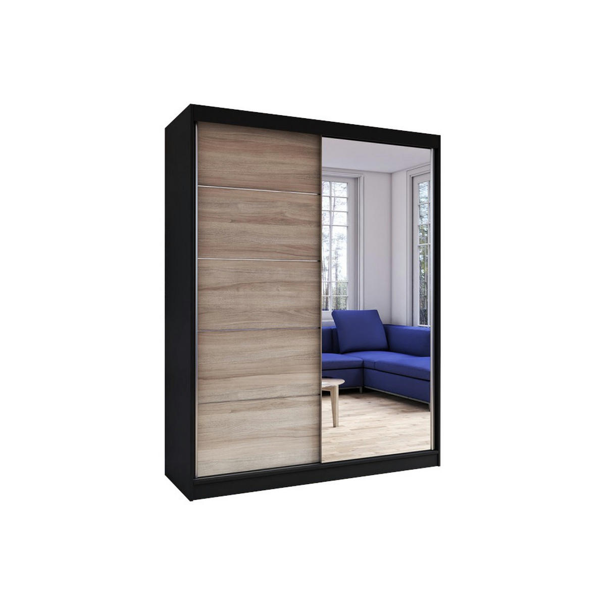 SCHIEBETÜRENSCHRANK - Beni 05 Classic (Schwarz + Sonoma) - Schwarz/Sonoma Eiche, Holzwerkstoff/Metall (150/200/61cm) - Möblo