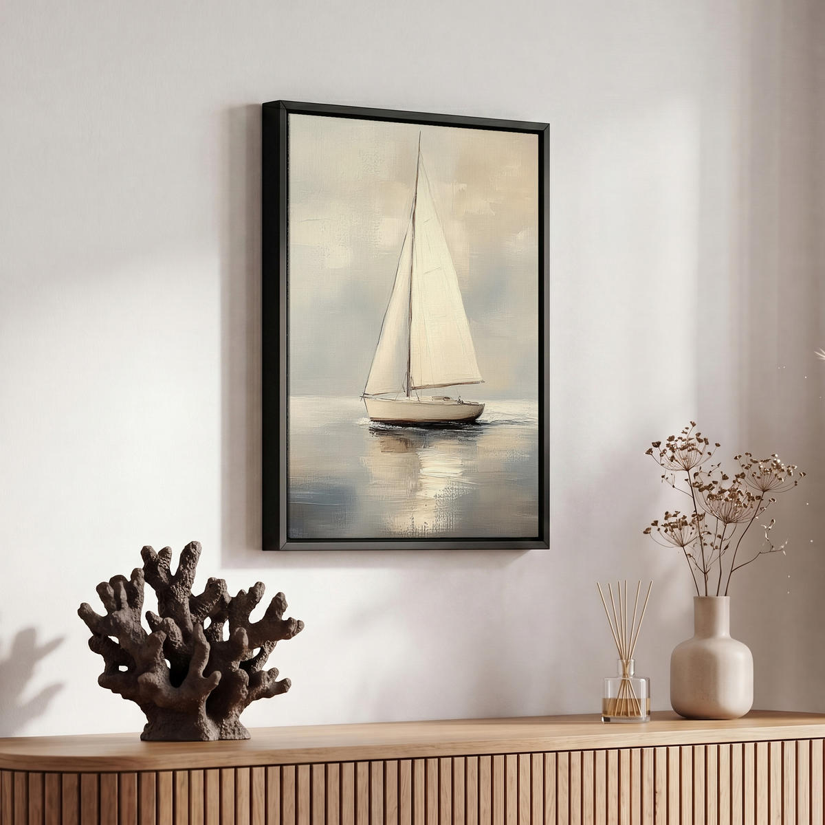 LEINWAND Bilder mit Rahmen - Segelschiff - Meer - Bewölkt - 20x30 - Creme, Textil (20/30cm) - MuchoWow