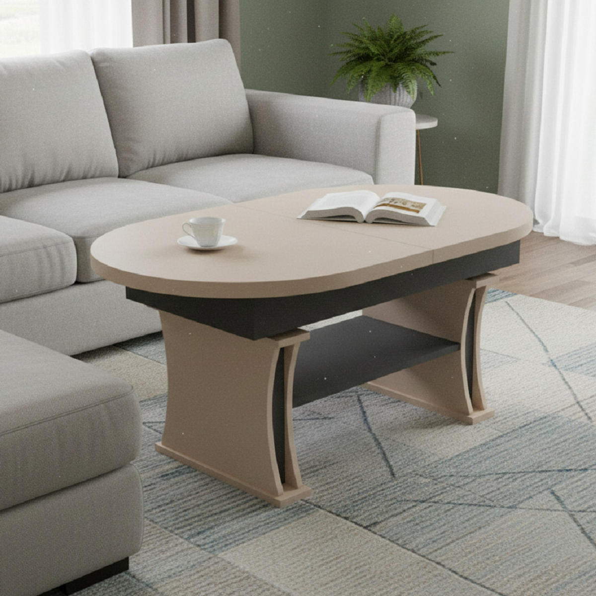 COUCHTISCH oval ausziehbar höhenverstellbar Ablage 130/80/60 cm - Anthrazit/Beige, Holzwerkstoff (80/130/60cm) - designimpex