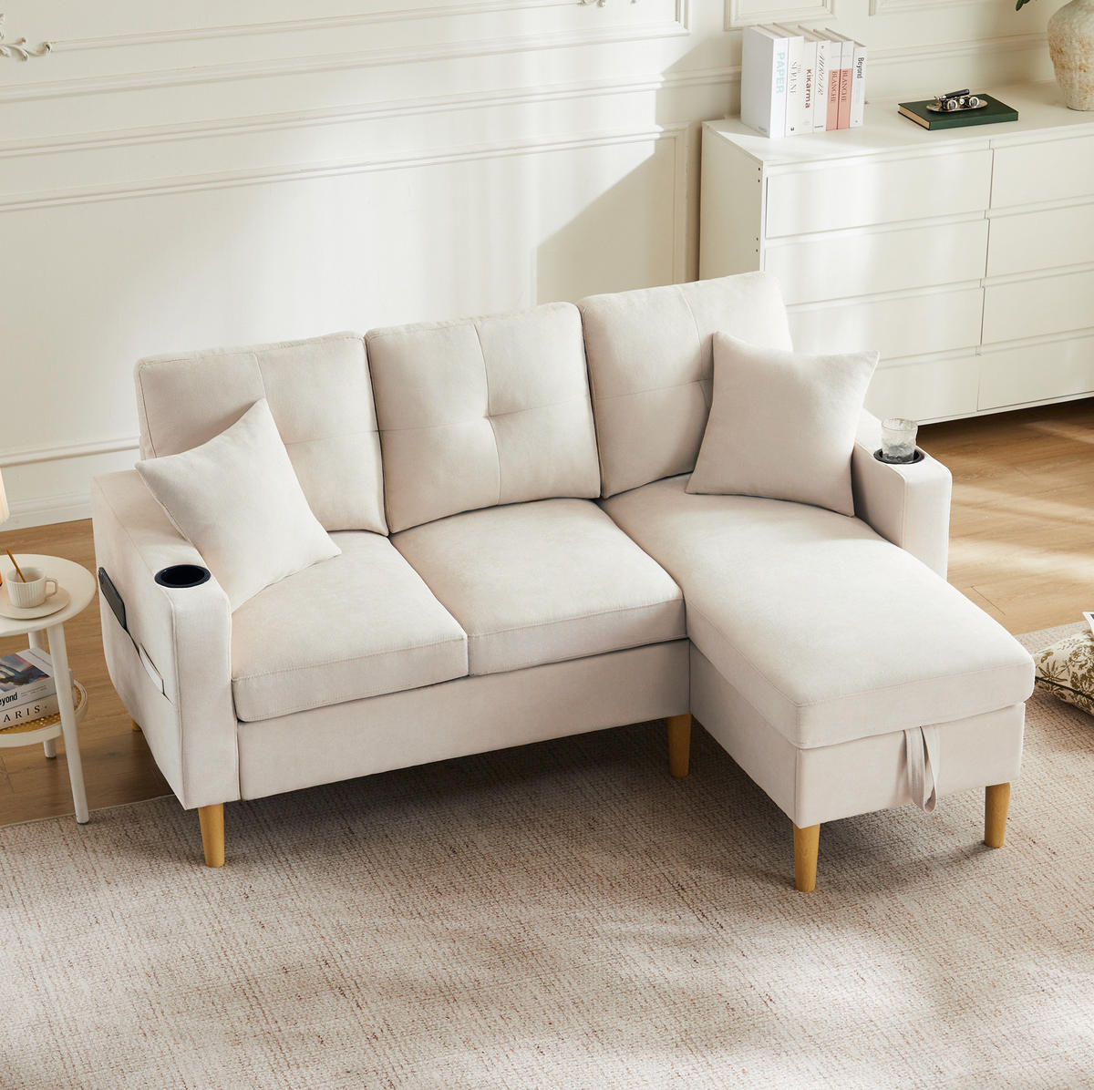 ECKSOFA in Leinenoptik Beige 129x175x90 cm mit Stauraum und beidseitig platzierbarer Chaiselongue - Beige, Textil (175/129cm) - IVMEU