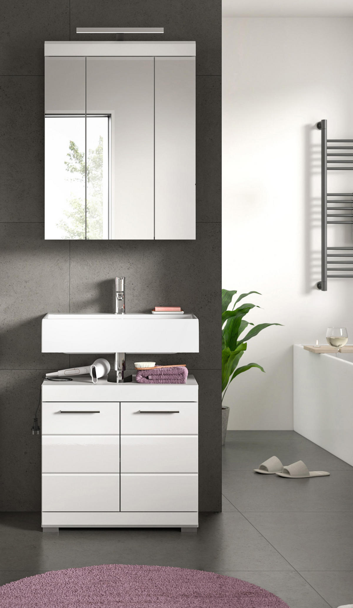 BADMÖBEL-SET weiß Hochglanz 2-teilig 60 cm, Kombination mit Spiegelschrank - Weiß Hochglanz, Glas/Holzwerkstoff (60/191/34cm) - Inn.Furn