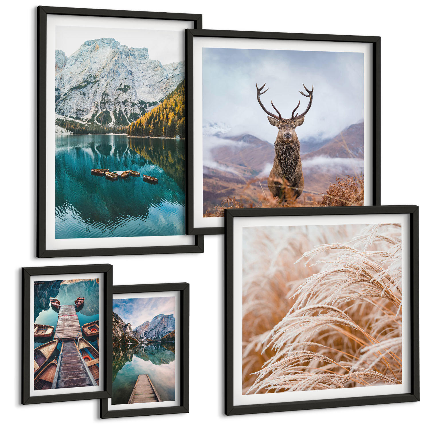 BILDER SET 5er Set - 50x50 cm & 20x30 cm & 40x60 cm Schwarzer Rahmen - Architektur der Kanäle von Venedig - Schwarz, Kunststoff (40/60cm) - TULUP