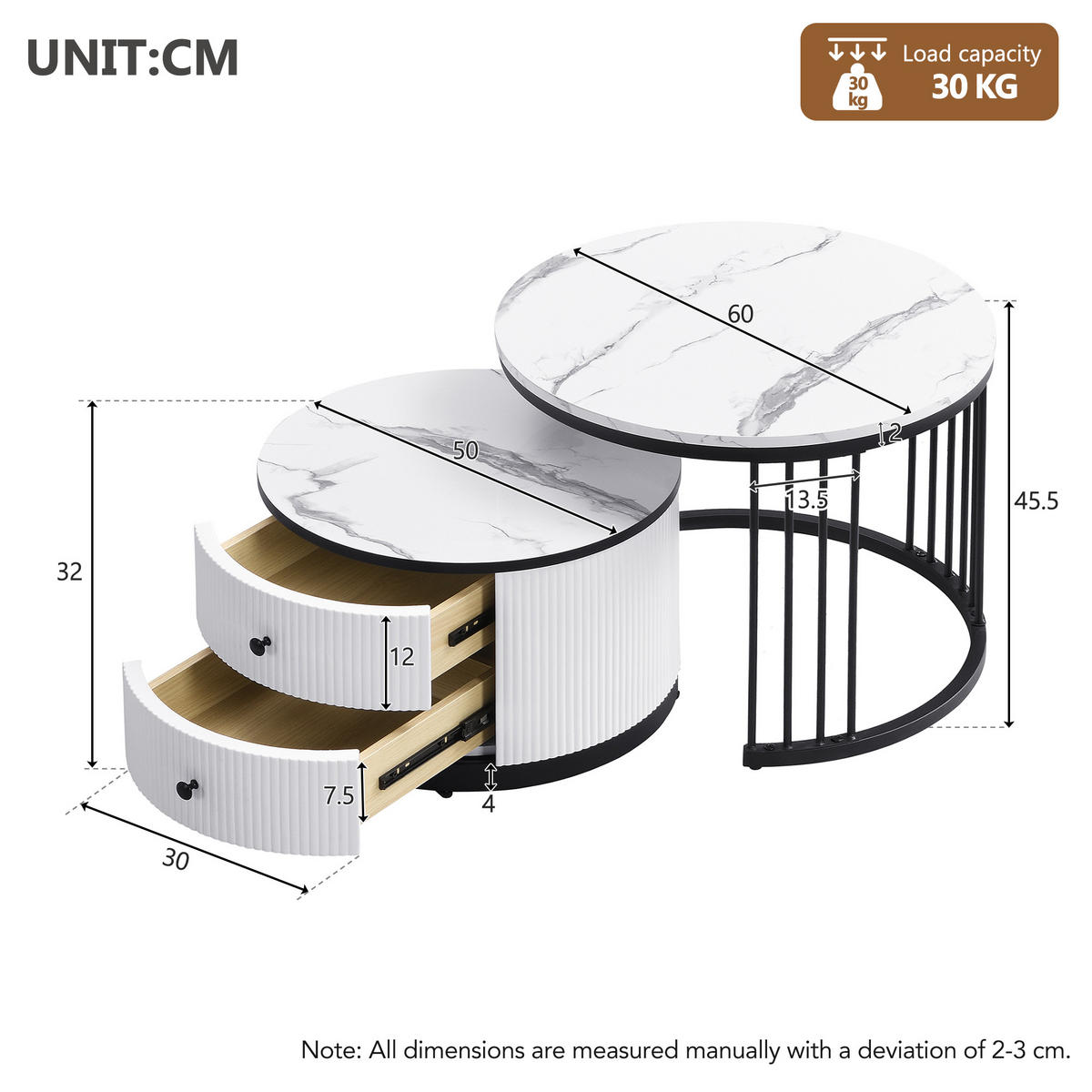 COUCHTISCH-SET, MDF, hochglänzende Marmoroptik, 2 Schubladen, 60/60/45,5 + 50/50/32 cm, Weiß - Weiß, Holzwerkstoff (60/60/45.5cm) - Redom