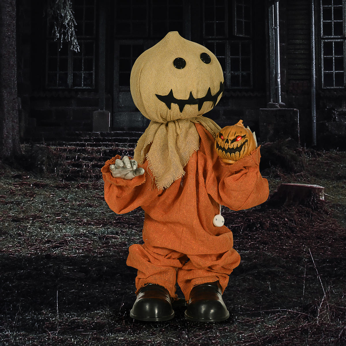 HALLOWEEN-DEKORATION Vogelscheuche 77 cm mit rot leuchtenden Augen, Soundfunktion - Orange, Textil (26/77/60cm) - HOMCOM