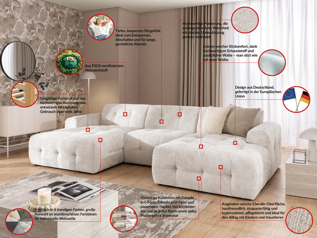 WOHNLANDSCHAFT Kozy im Bumpy-Design mit fester Rückenlehne aus weichem Beige Chenille-Stoff - Beige/Creme, Holz/Kunststoff (323/79/161cm) - S-Style Möbel