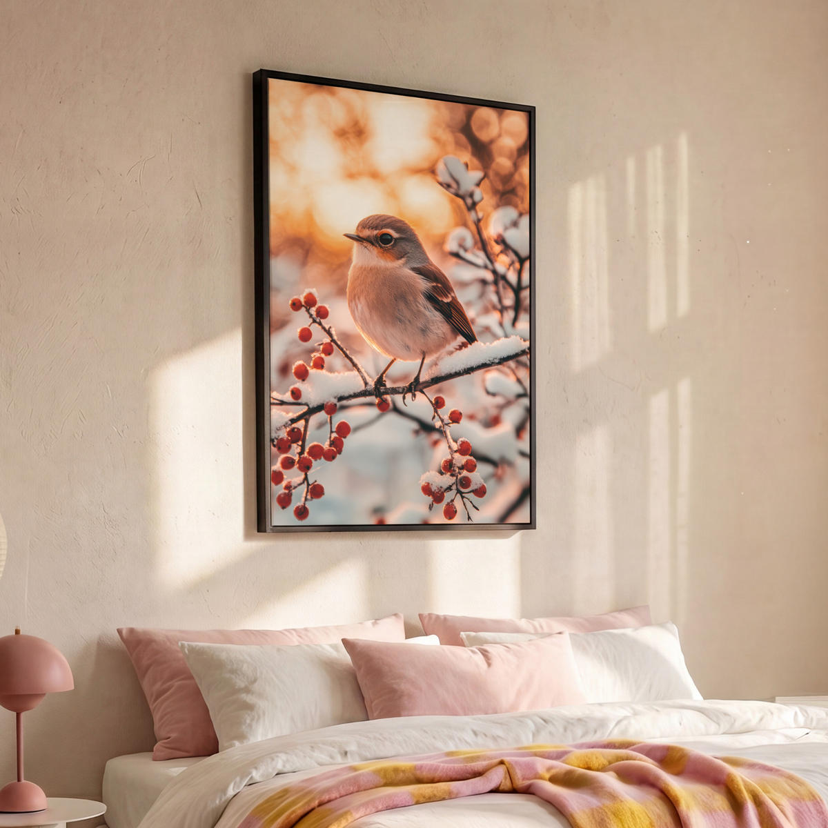 LEINWAND Bilder mit Rahmen - Vogel - Zweig - Winter - Tiere - Schnee - 100x150 - Bernsteinfarben, Textil (100/150cm) - MuchoWow