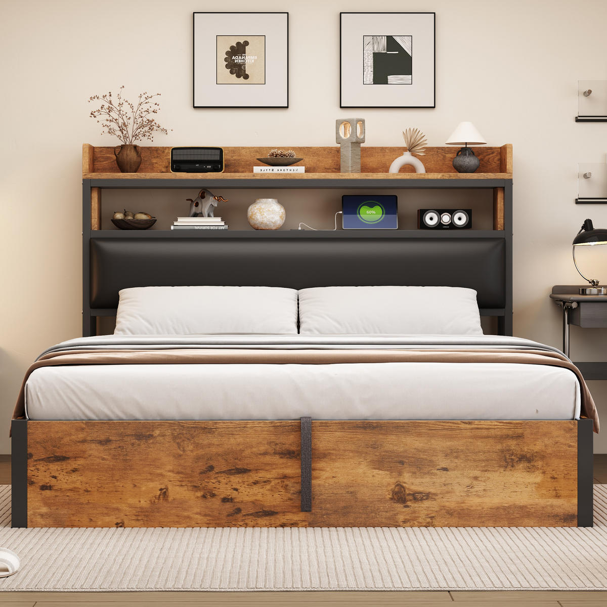 POLSTERBETT 180/200 cm schwarz aus Metall und Holz mit Hydraulik-Stauraum und USB - Schwarz, Metall (180/200cm) - OKWISH