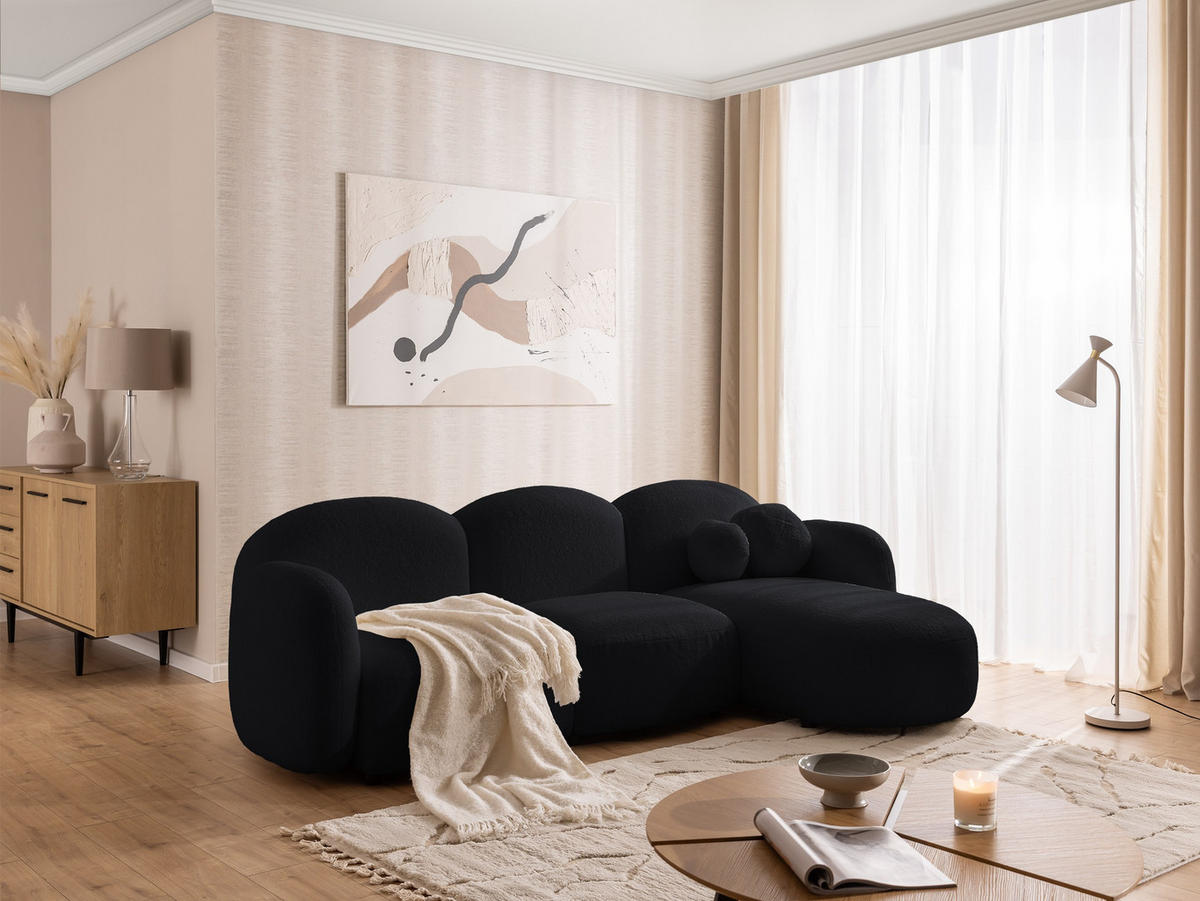 ECKSOFA Nuvola mit abgerundetem Design Schwarz Bouclé-Stoff - Ottomane Rechts - Schwarz, Holz/Kunststoff (268/146cm) - S-Style Möbel