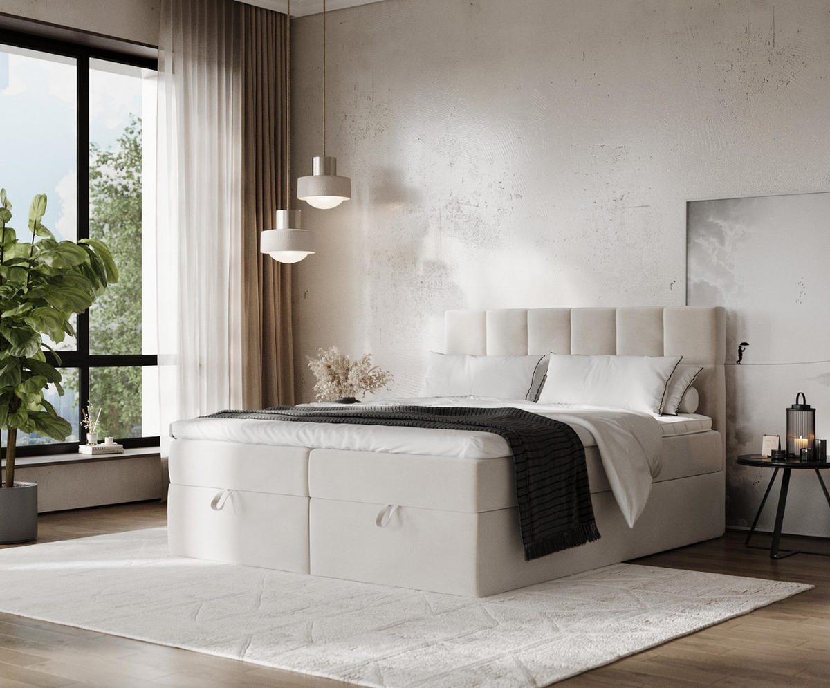 BOXBETT Savio 200/200 cm Hellbeige im Paros Stoff - Beige/Schwarz, Holz/Holzwerkstoff (200/200cm) - AltaBeds