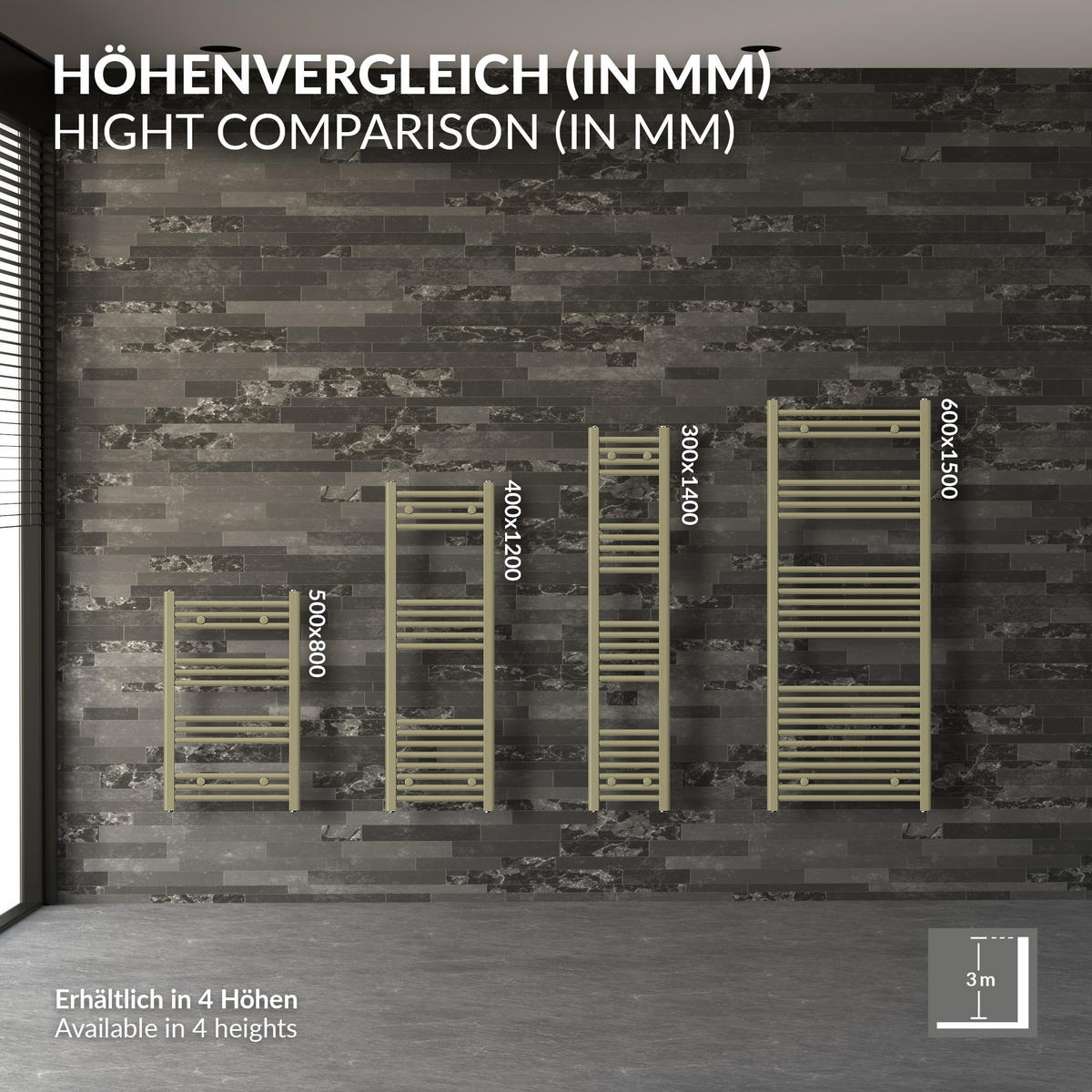 HANDTUCHHEIZKÖRPER elektrisch 400 x 1200 mm Beige Badheizkörper gebogen mit Seitenanschluss mit Heizstab 600W - Beige, Metall (40/120/3cm) - LuxeBath