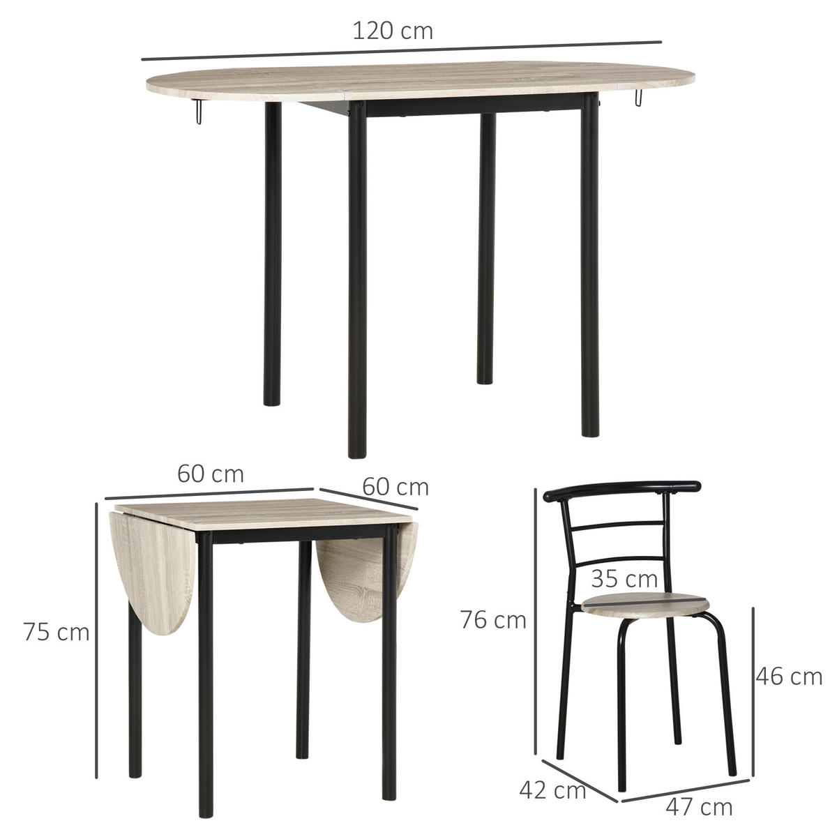 AUSZIEHBARER ovaler Tisch und 2 Stühle – Klapptisch – Metall und MDF – schwarz und natur - Eichefarben, Kunststoff (120/75/60cm)