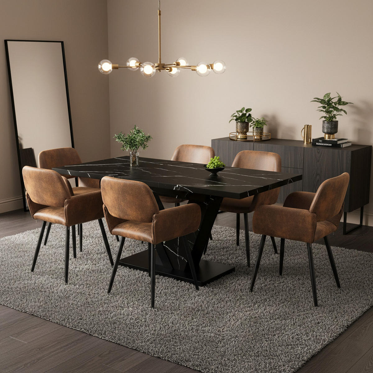 TISCHGRUPPE 7-teilig Ausziehtisch Marmoroptik Schwarz & 6x 360° Drehstühle Vintage-Braun - Schwarz, Holzwerkstoff/Textil (160/76/75cm) - Urban Meuble