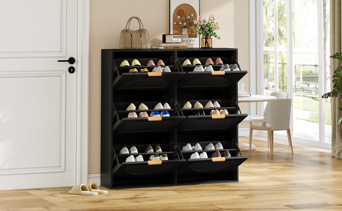 SCHUHSCHRANK Schwarz 118/25/115 cm mit 6 Klappen und offenen Fächern - Schwarz, Holzwerkstoff (118/115/25cm) - PANGIVO