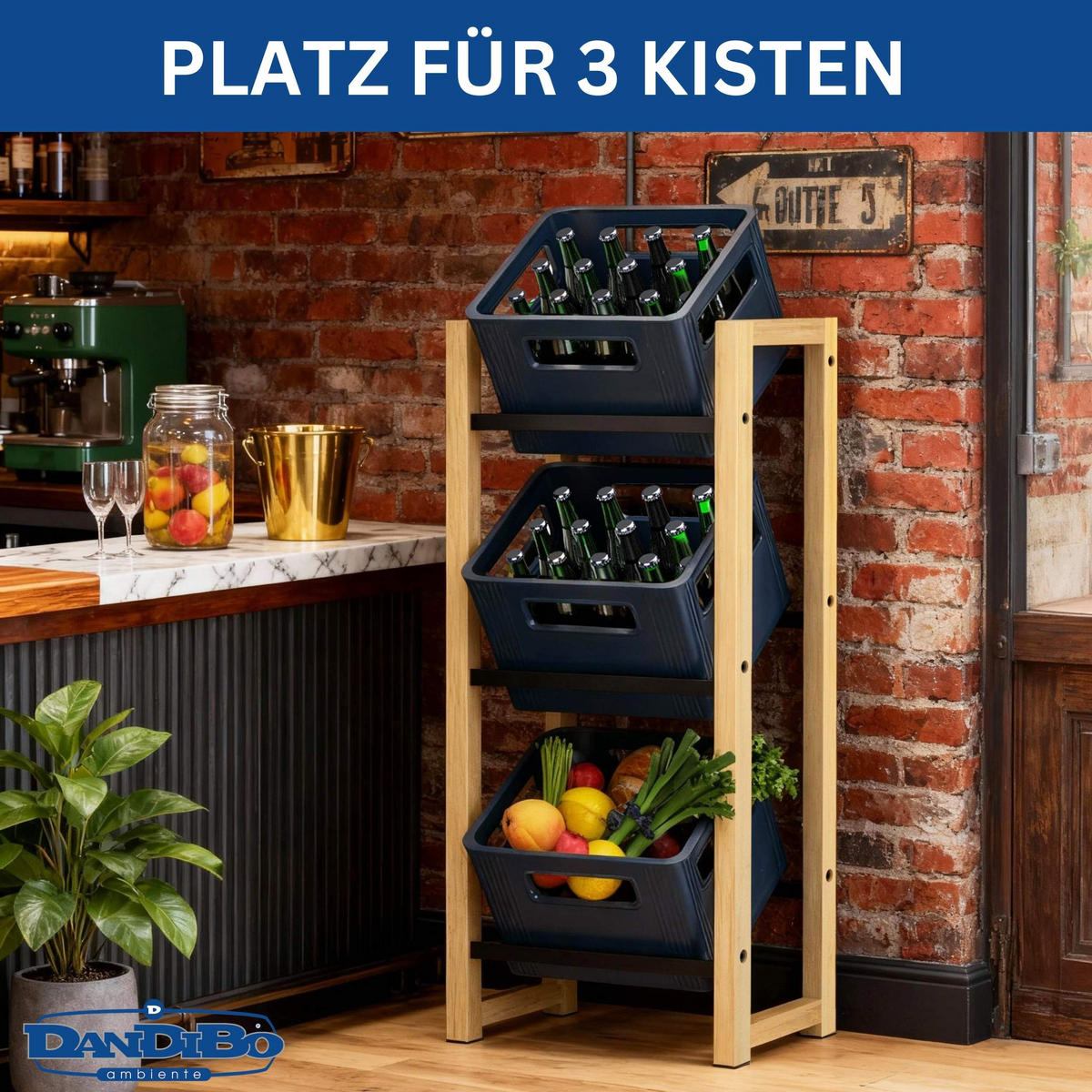 GETRÄNKEKISTENREGAL 3 Kisten Holz Bambus Metall 96656 - Edelstahlfarben, Holzwerkstoff (54/112/32cm) - DanDiBo