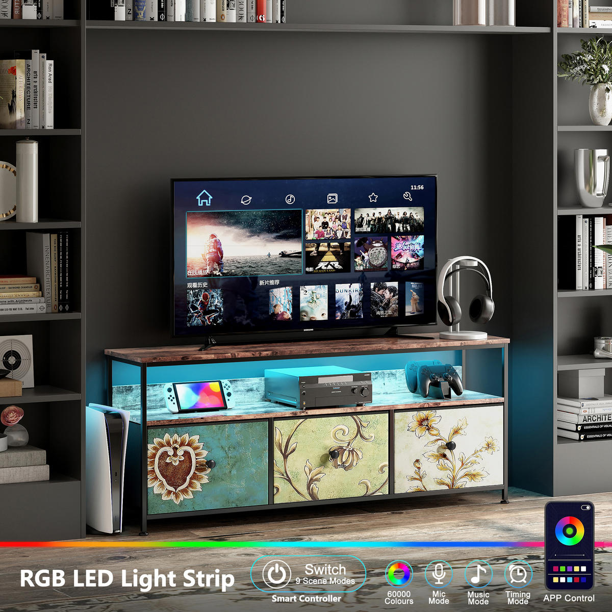 HÖG LED-TV-bänk, 137 cm, färgglada tyglådor, modern - Multicolor, Träbaserade material (29.8/57/137cm) - SHOPENTRA
