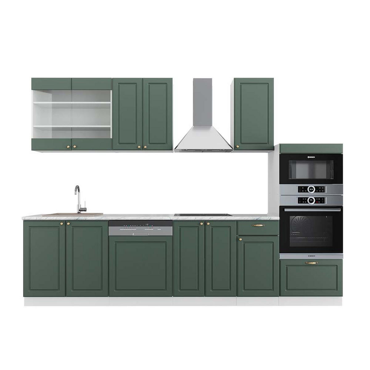 KÜCHENZEILE Fame-Line Grün-Gold Landhaus/Weiß 300 cm mit Hochschrank AP Marmor - Weiß/Grün, Holzwerkstoff (300/81.6/60cm) - Vicco