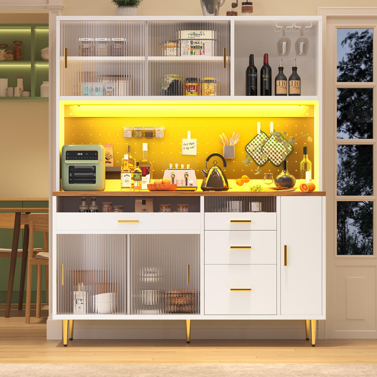 BUFFET 145/39/171 cm aus MDF und Glas mit App-steuerbarer LED-Beleuchtung Weiß - Weiß, Holzwerkstoff (145/171/24cm) - Modenvie
