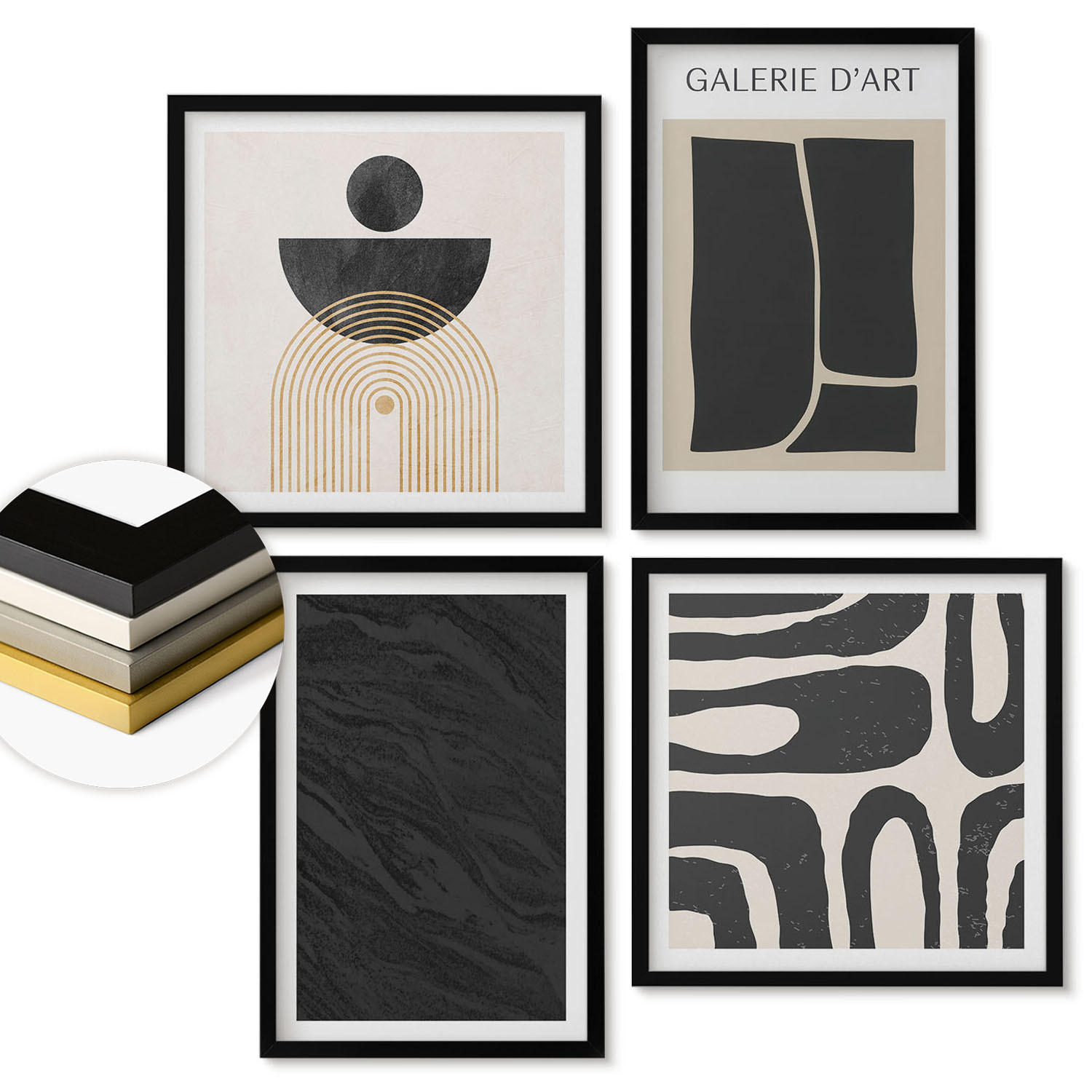 WANDBILDER 4er-Set - 50x50 cm & 40x60 cm Schwarzer Rahmen - Abstrakte Marmorformen - Schwarz, Kunststoff (50/50cm) - ArtPrintCave
