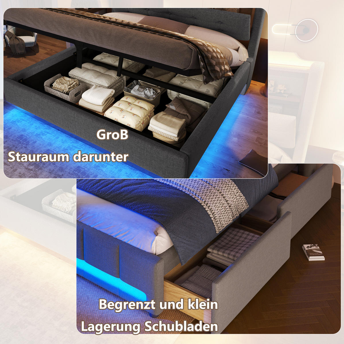 POLSTERBETT 140/200 cm mit LED-Beleuchtung, USB- und Typ-C-Anschlüssen, Bettkasten und Staufächern, Leinen, Grau - Grau, Textil (140/200cm) - Redom
