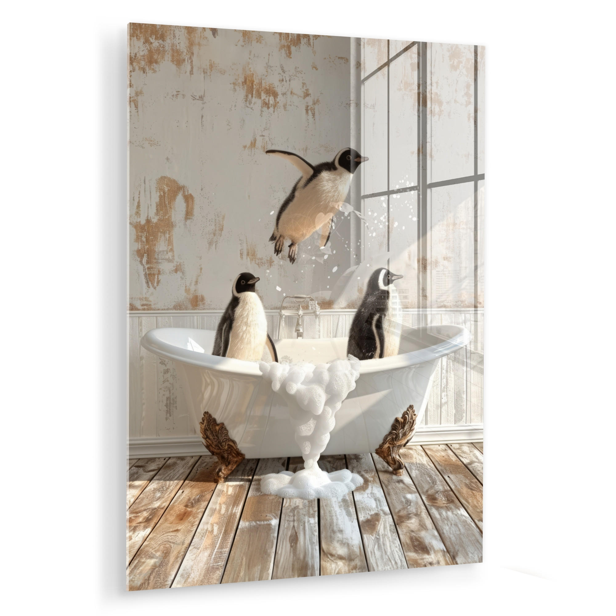 ACRYLGLASBILD Vintage - Pinguin - Badewanne - Schaumstoff 60x80 cm - Schwarz, Glas (60/80cm) - MuchoWow