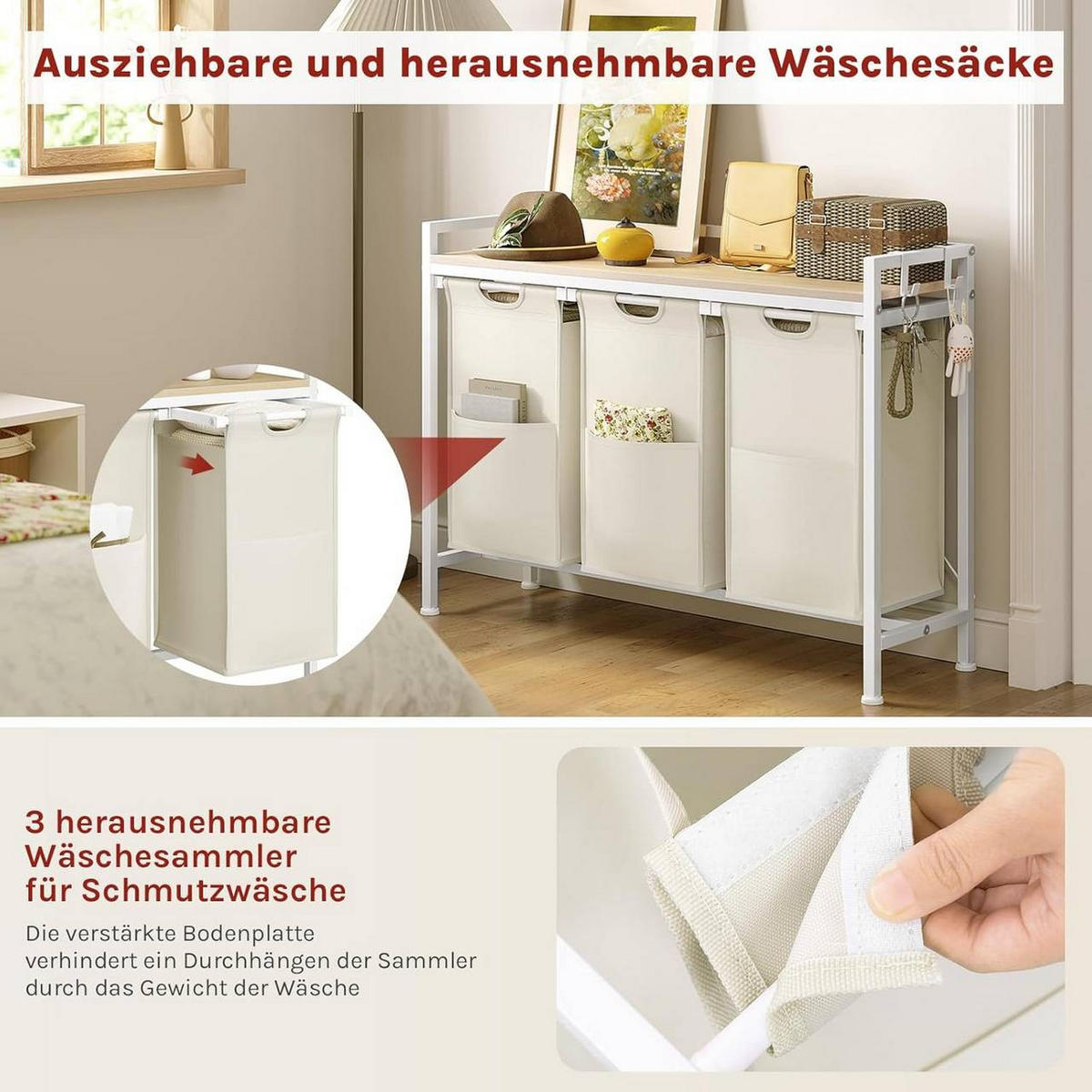 WÄSCHEKORB 3 Fächer, jedes 40 L, Weiß+Helle Eiche - Eichefarben/Weiß, Holzwerkstoff/Textil (96/71/30cm) - Woltu