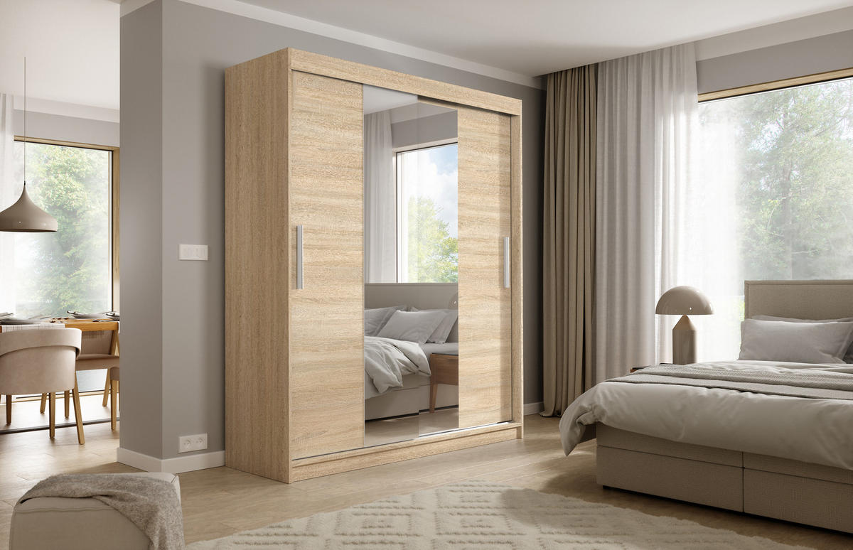 SCHWEBETÜRENSCHRANK VIVA 200/215,5/59cm 2-türig mit Spiegel Sonoma Eiche - Sonoma Eiche, Holzwerkstoff (200/215.5/59cm) - MASSENO