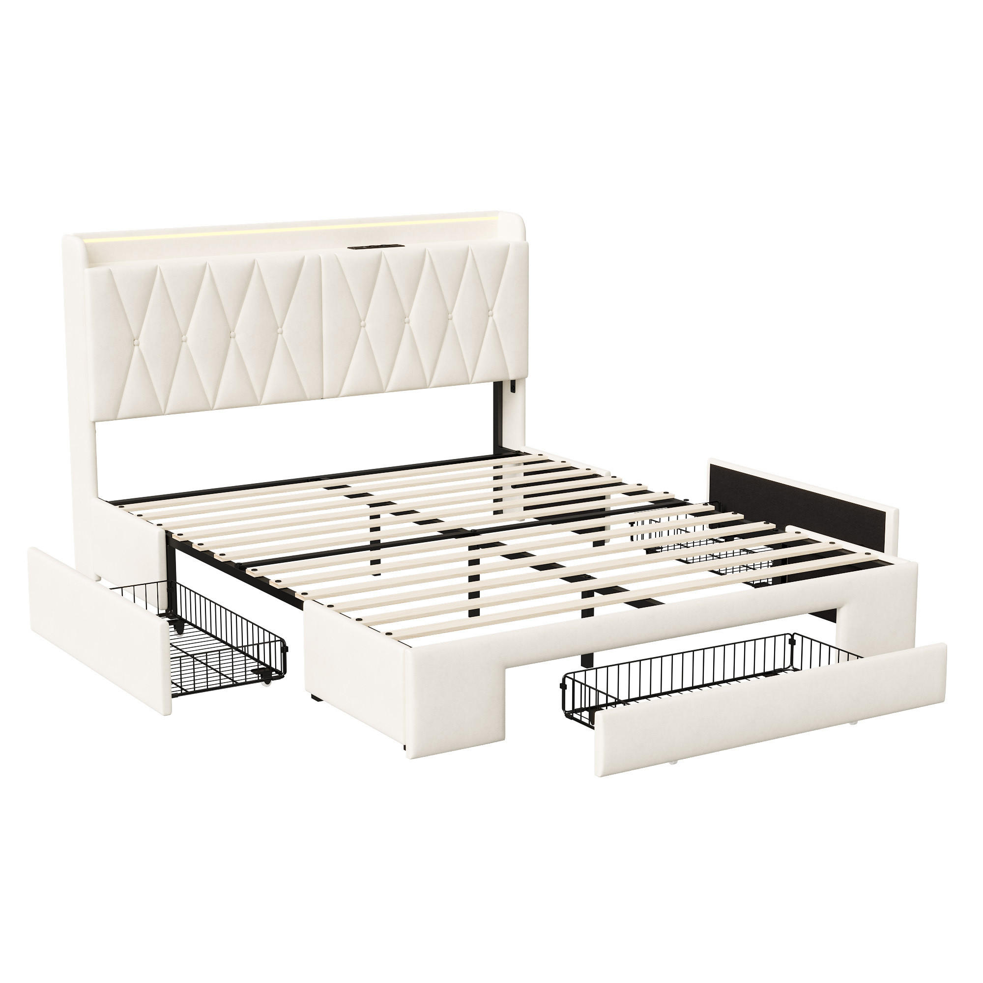 POLSTERBETT 140x190 cm Beige mit LED, USB & 3 Schubladen - Beige, Holz (140/190cm)