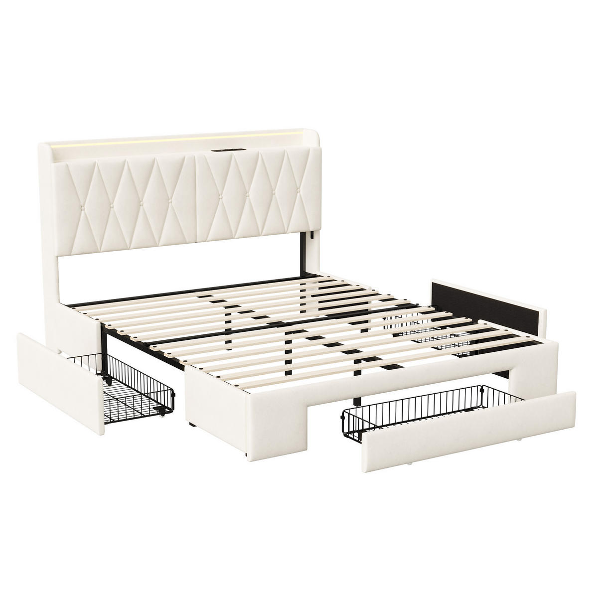POLSTERBETT 160/200 cm mit Schubkasten‑Stauraum, LED‑Beleuchtung & USB‑Anschluss, Chesterfield‑Samtkopfteil - Beige, Holz/Metall (160/200cm) - Joyfair