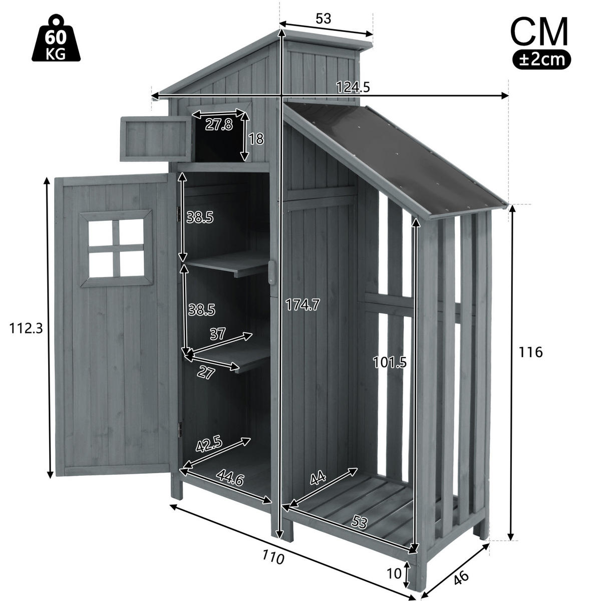 GARTENSCHRANK 124/46/174 cm mit 2 Ablagen und großem Stauraum aus Tannenholz, Grau - Grau, Holz (46/174/124cm) - Redom
