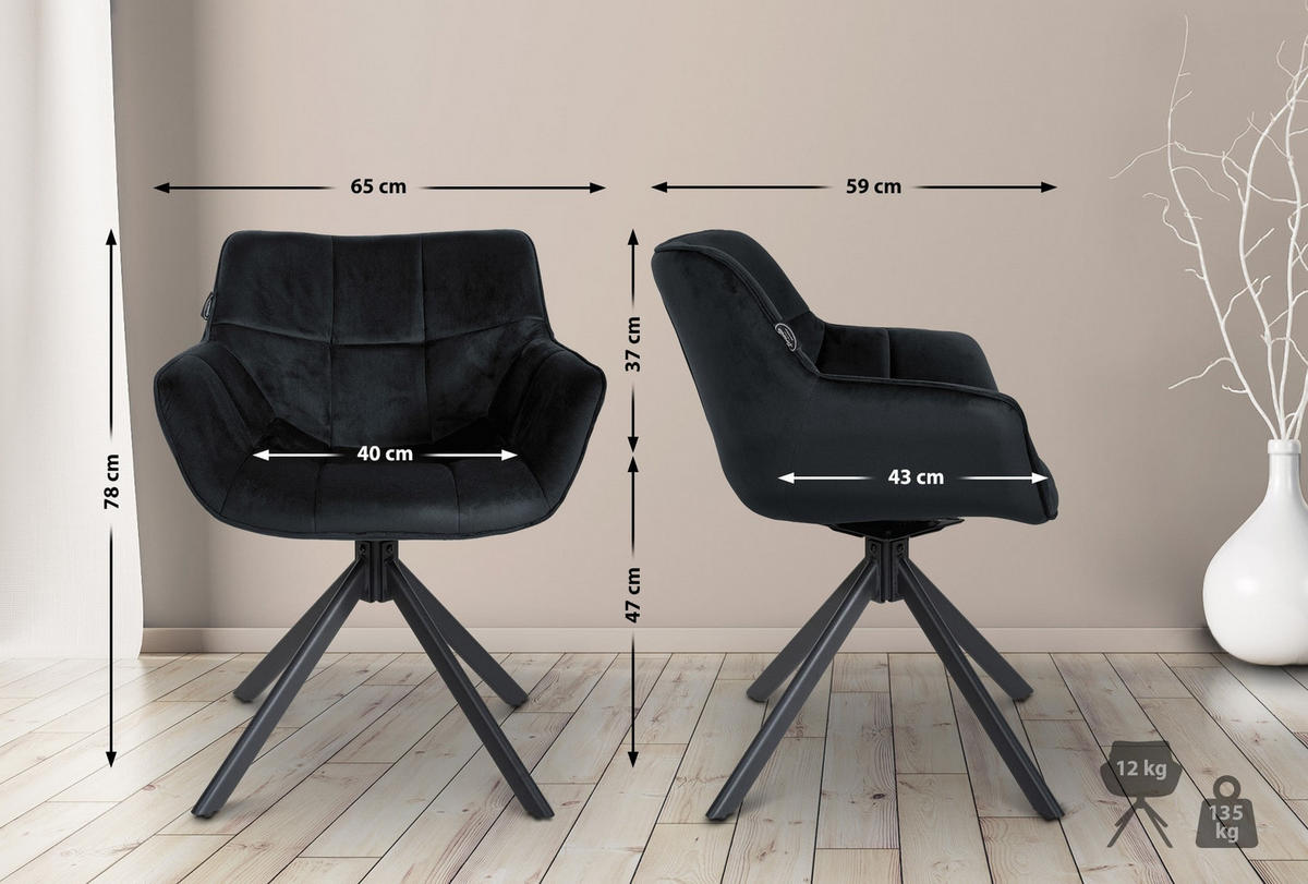 STUHL Samt schwarz - Schwarz, Textil/Metall (65/78/59cm) - CLP
