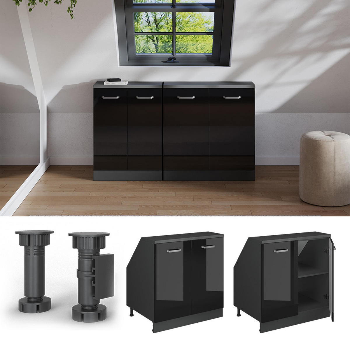 DACHSCHRÄGENSCHRANK Rion Schwarz Hochglanz 80 x 81.6 cm mit 2 Türen, Schrankkorpus 60 cm Tiefe - Schwarz Hochglanz/Anthrazit, Holzwerkstoff (80/83.8/60cm) - Vicco